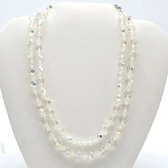 Clear Glass Aurora Borealis Crystal Dual Strand Rhinestone Clasp Necklace 18" - Picture 1 of 4